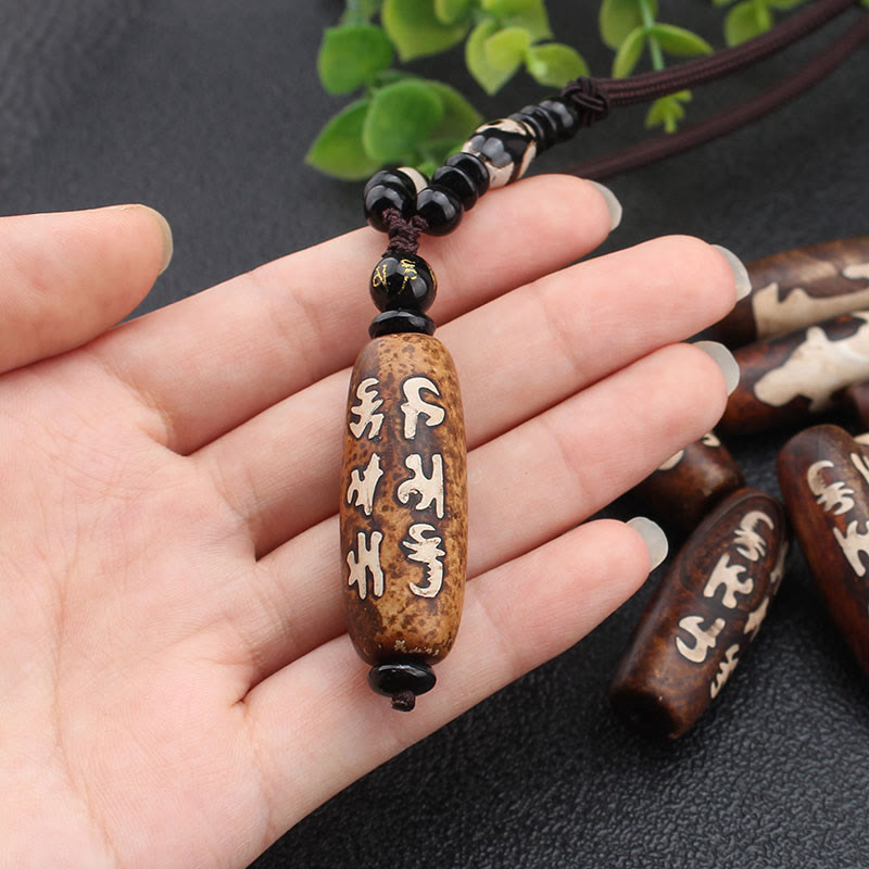 Buddha Stones Tibet Om Mani Padme Hum Dzi Bead Avalokitesvara Pattern Wealth Necklace Pendant Necklaces & Pendants BS 7