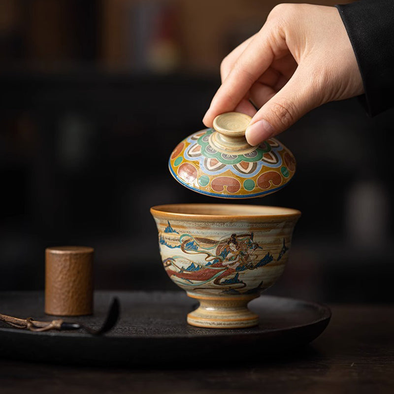 Buddha Stones Dunhuang Flying Apsaras Ceramic Gaiwan Sancai Teacup Kung Fu Tea Cup With Lid Cup BS Dunhuang Flying Apsaras Gaiwan Teacup 8.8cm*9cm*150ml