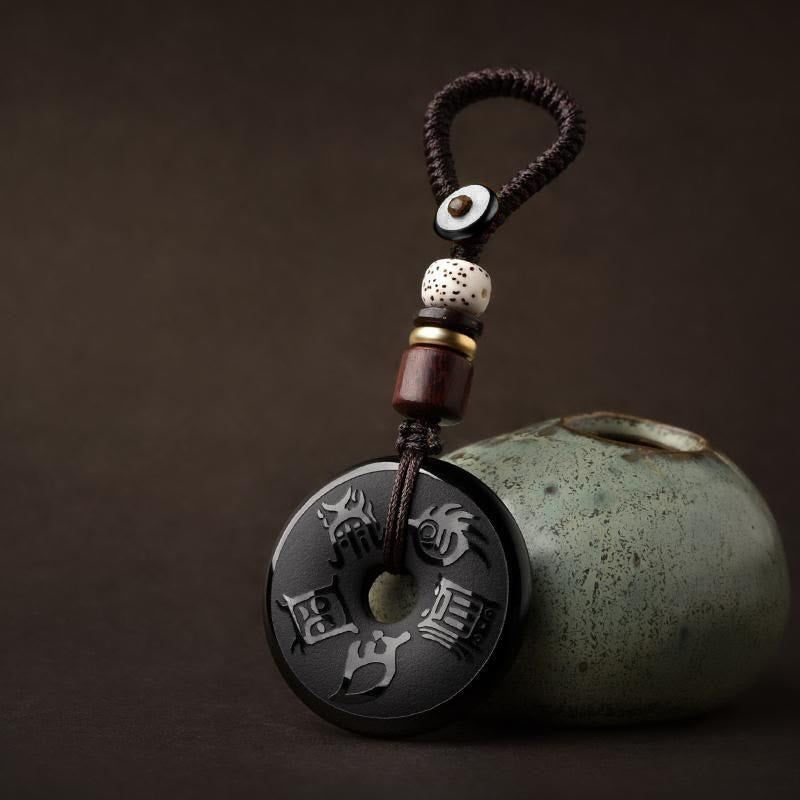 Buddha Stones Black Obsidian Taoism Five Sacred Mountains Carved Strength Peace Buckle Necklace Pendant Key Chain Phone Hanging Decoration Necklaces & Pendants BS Key Chain