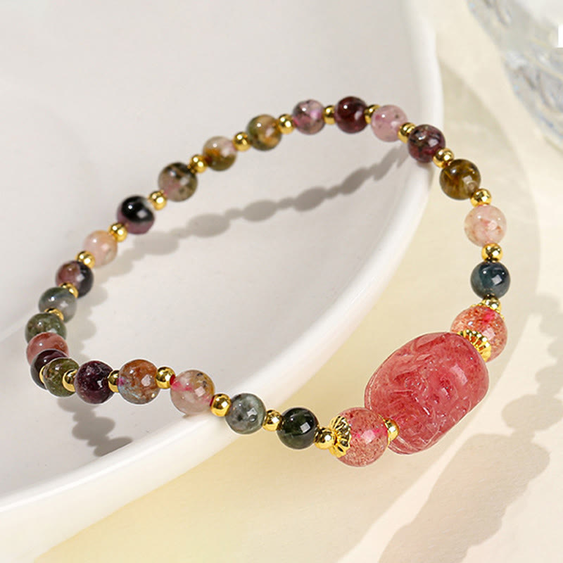Buddha Stones Moonstone Strawberry Quartz Tourmaline PiXiu Healing Bracelet Bracelet BS 8