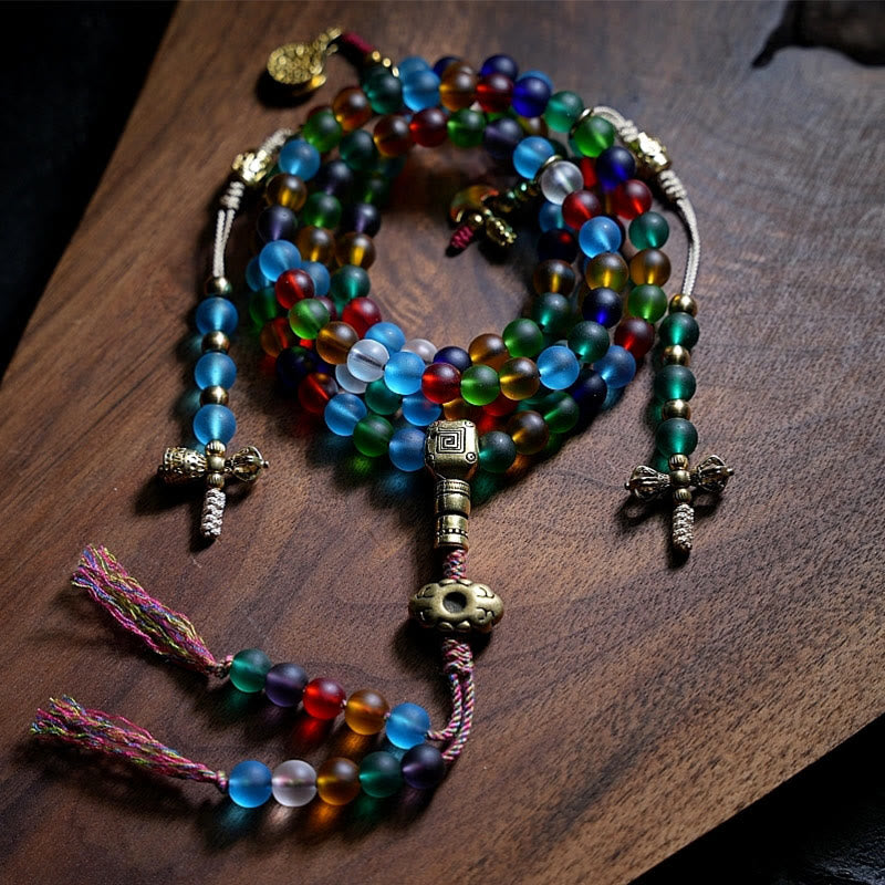 Buddha Stones Tibetan 108 Mala Beads Multicolored Liuli Glass Bead Chinese Zodiac Nine Palaces Eight Diagrams Charm Bracelet Mala Bracelet BS Liuli Glass Bead Non-Elastic Rope