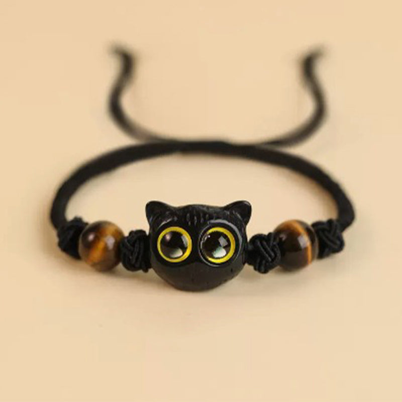 Buddha Stones Cute Ebony Wood Cat Head Pattern Peace Bracelet Bracelet BS Ebony Cat Tiger Eye Rope Bracelet(Wrist Circumference 14-18cm)