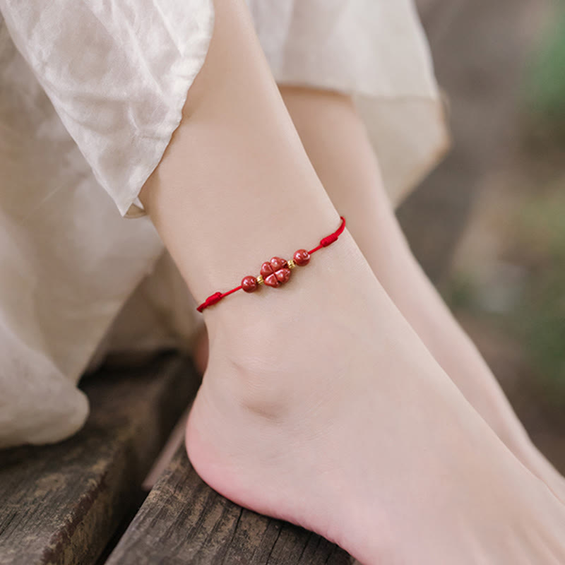 Buddha Stones Four Leaf Clover Cinnabar Blessing Calm String Bracelet Anklet Bracelet BS 10