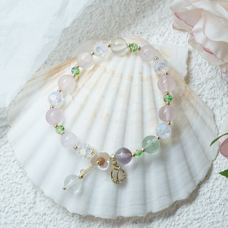 Buddha Stones Strawberry Quartz Rutilated Quartz Fluorite Flower Healing Bracelet Bracelet BS 26