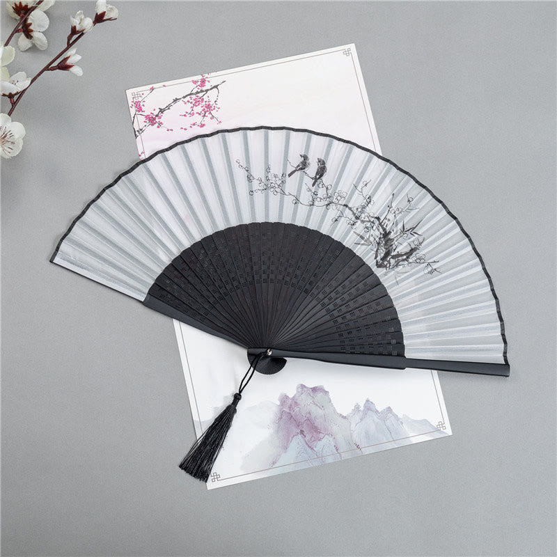Buddha Stones Mountains Plum Blossom Lotus Magpie Bamboo Leaves Handheld Silk Bamboo Folding Fan 22.5cm 11