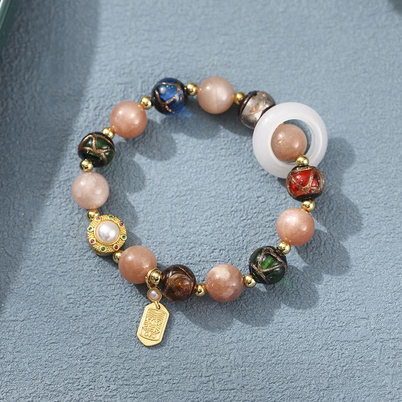 Buddha Stones Tibetan Incense Ash Liuli Glass Tridacna Stone Sun Stone Om Mani Padme Hum Prayer Wheel Charm Bracelet Bracelet BS Sun Stone(Wrist Circumference 14-16cm)