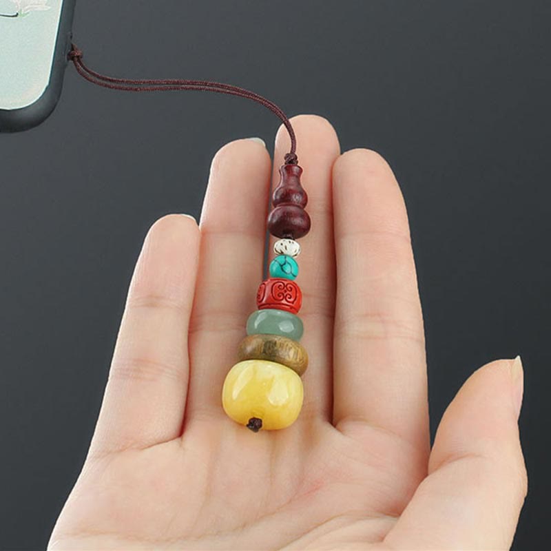 Buddha Stones Green Sandalwood Ebony Wood Gourd Seven Layer Pagoda Positive Phone Hanging Decoration Phone Hanging Decoration BS 5