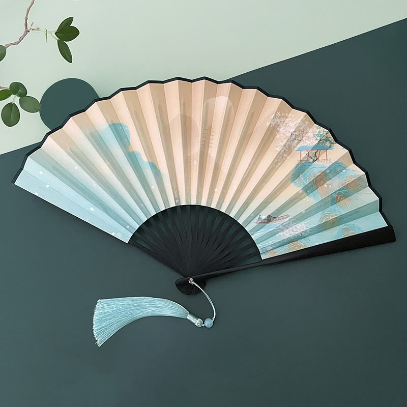 Buddha Stones Retro Lotus Flower Leaf Mountain Lake Handheld Folding Fan With Bamboo Frames Folding Fan BS Peach Blossom Mountain Landscape Black Bamboo Frames