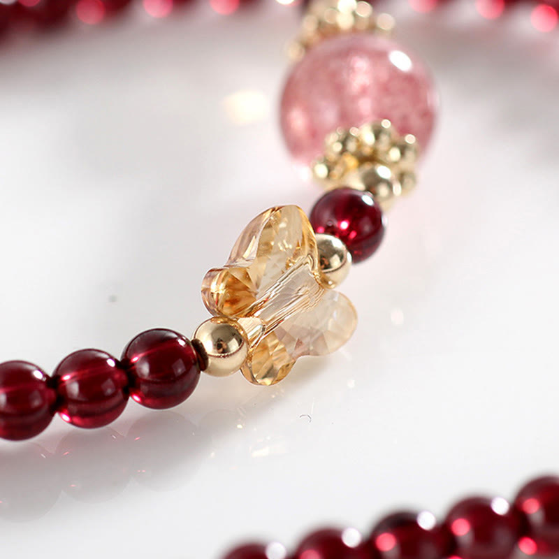 Buddha Stones 14K Gold Plated Natural Garnet Strawberry Quartz Butterfly Protection Double Wrap Bracelet Bracelet BS 7