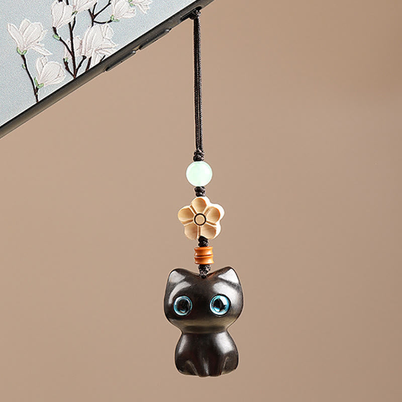 Foviel Mini Small Leaf Red Sandalwood Ebony Wood Lucky Cat Lovely Kitty Peace Key Chain Phone Hanging Decoration