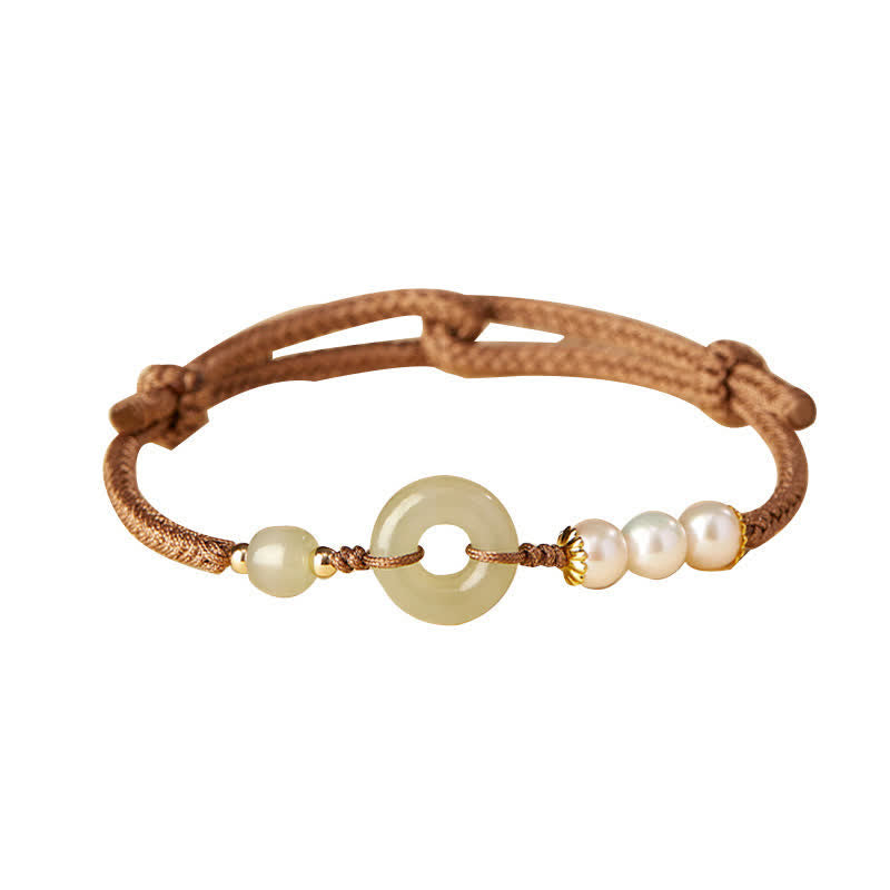 Buddha Stones Natural Hetian Jade Pearl Peace Buckle Luck Bracelet - image 9
