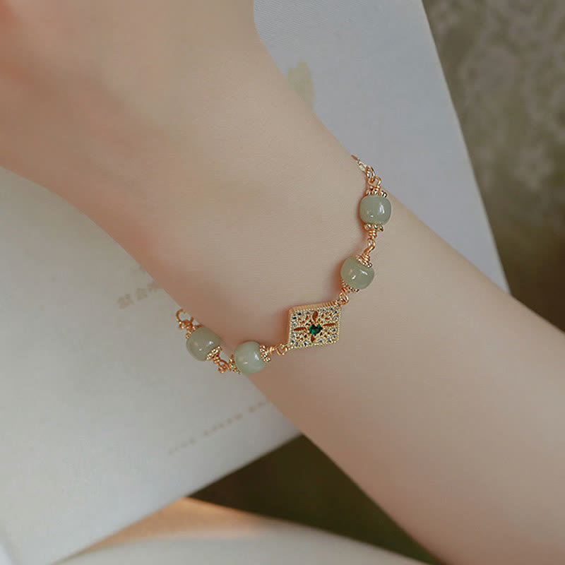Buddha Stones Natural Hetian Jade Bead Square Pattern Luck Chain Bracelet Bracelet BS 4