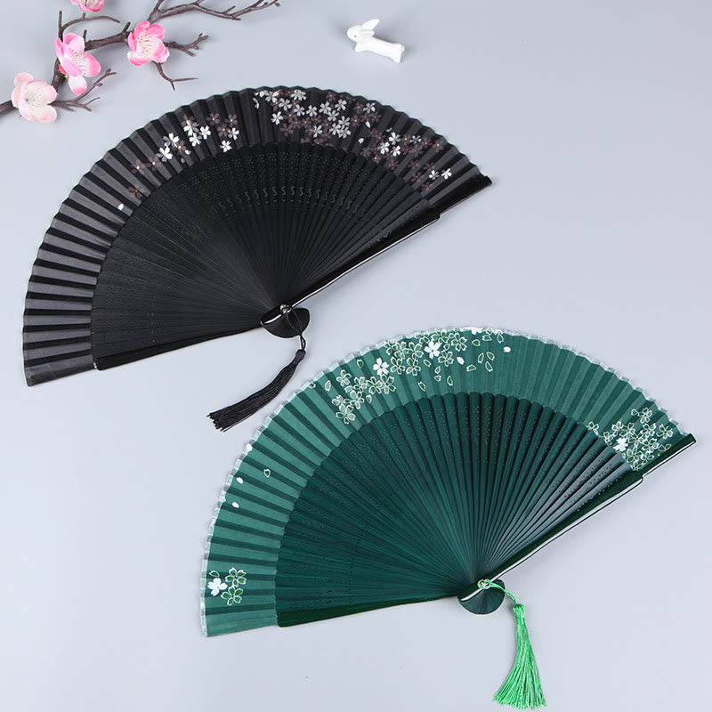 Buddha Stones Cherry Blossom Sakura Camellia Handheld Silk Bamboo Folding Fan 21cm 2