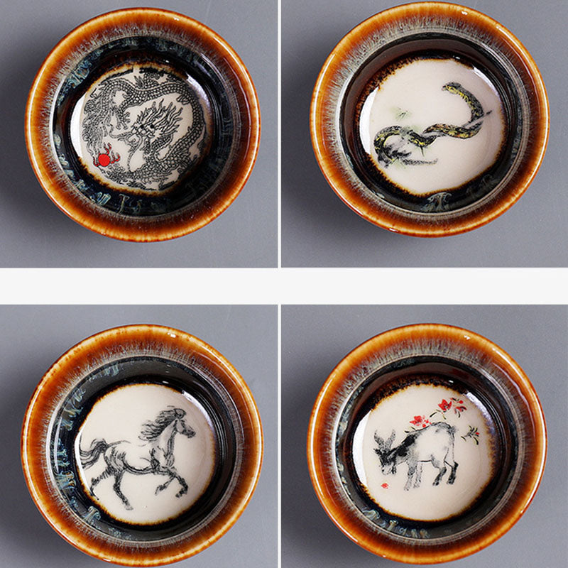 Buddha Stones 12 Chinese Zodiac Pattern Ceramic Teacup Kung Fu Jian Chinese Zhan Tea Cup 73ml Jian Zhan Tea Cup BS 21