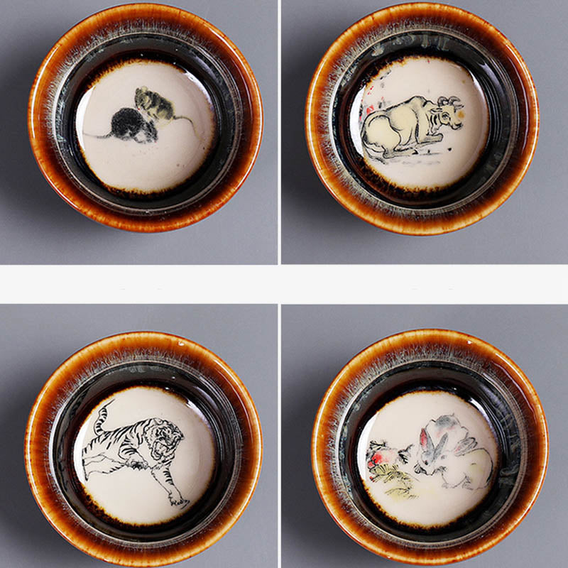 Buddha Stones 12 Chinese Zodiac Pattern Ceramic Teacup Kung Fu Jian Chinese Zhan Tea Cup 73ml Jian Zhan Tea Cup BS 20