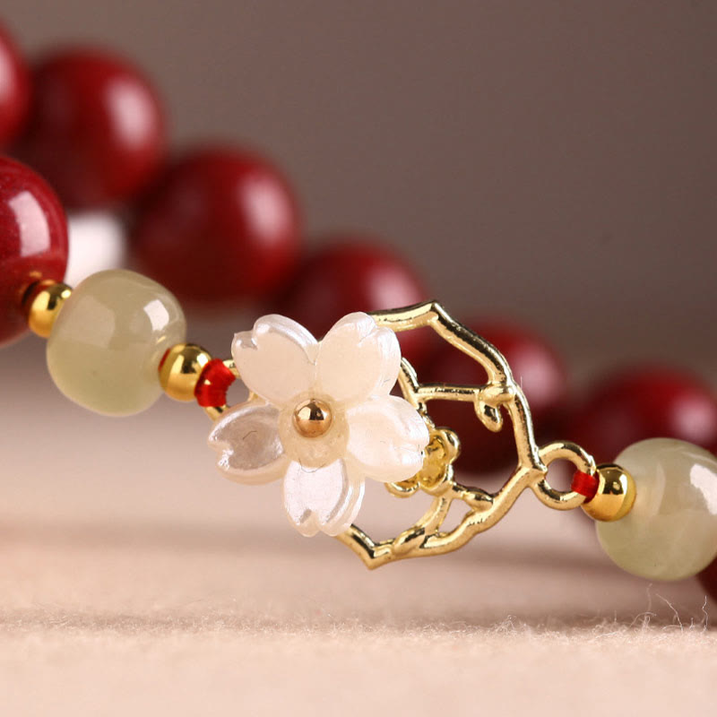 Buddha Stones Natural Cinnabar Jade Beaded Tridacna Stone Flower Blessing Bracelet Bracelet BS 6