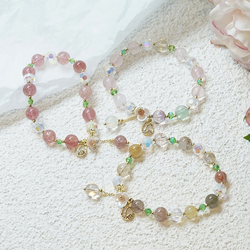 Buddha Stones Strawberry Quartz Rutilated Quartz Fluorite Flower Healing Bracelet Bracelet BS 30