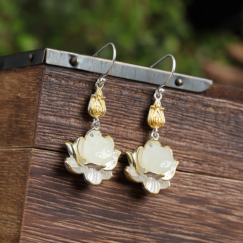Buddha Stones White Jade Protection Harmony Drop Earrings Earrings BS 10