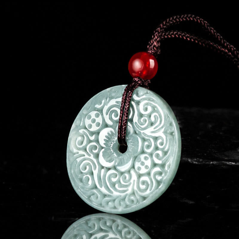 Buddha Stones Green Jade Flower Carved Peace Buckle Abundance Necklace Pendant Necklaces & Pendants BS 1