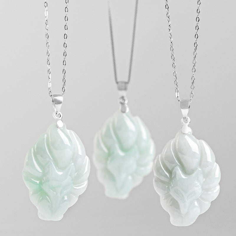 Buddha Stones Natural Jade Nine Tailed Fox Prosperity Titanium Steel Chain Necklace Pendant - image 3