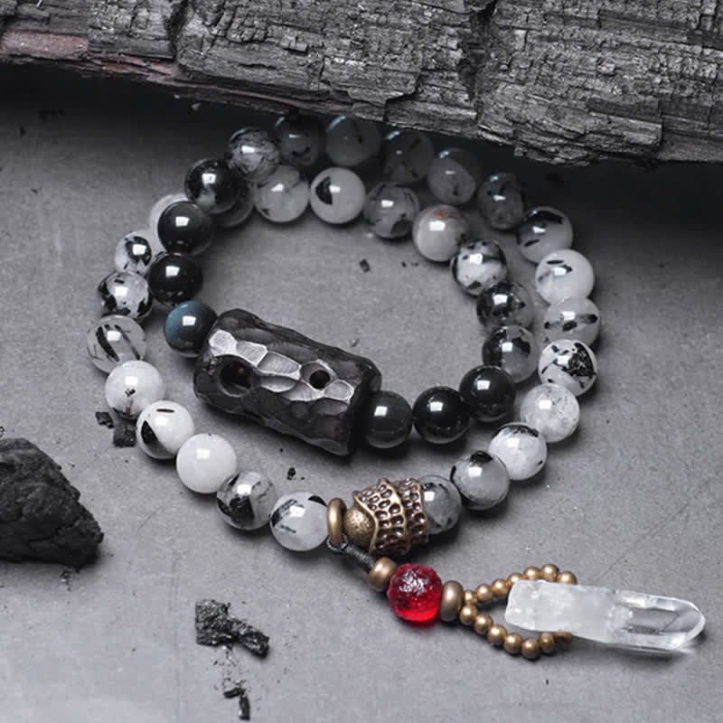 Buddha Stones Black Rutilated Quartz Ebony Wood White Crystal Success Couple Bracelet Bracelet BS 18cm