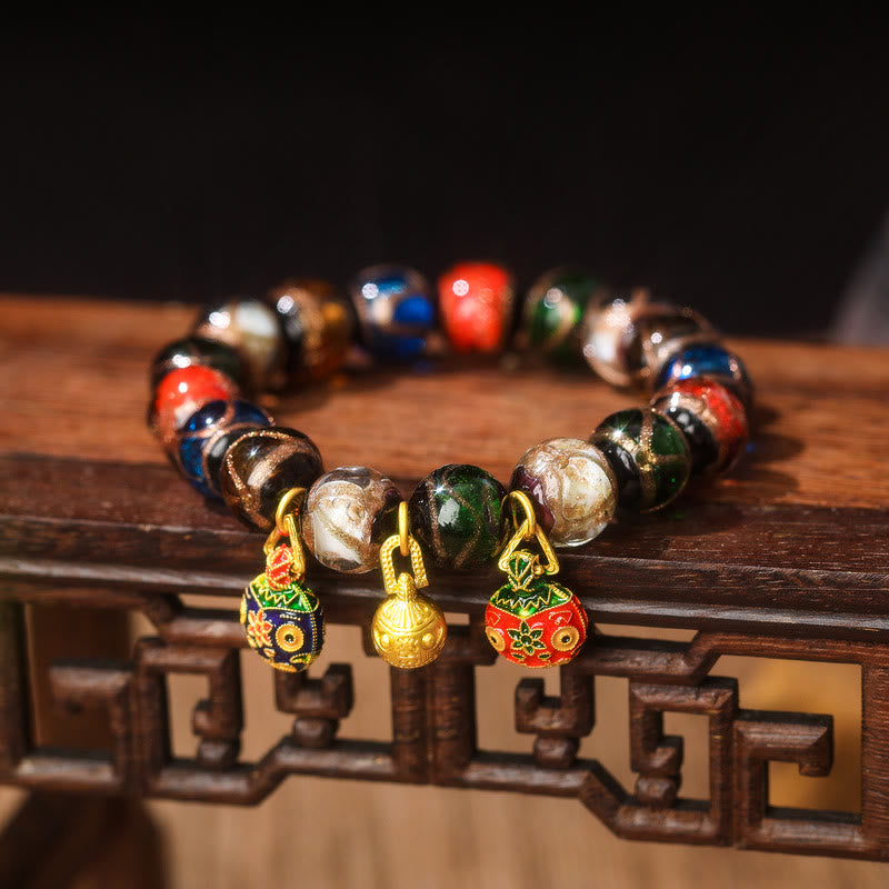 Buddha Stones Five Elements Gold Swallowing Beast Family Charm Liuli Glass Bead Luck Bracelet Bracelet BS Liuli Glass Bead&Alloy Gold Swallowing Beast Family 14mm(15 Beads)