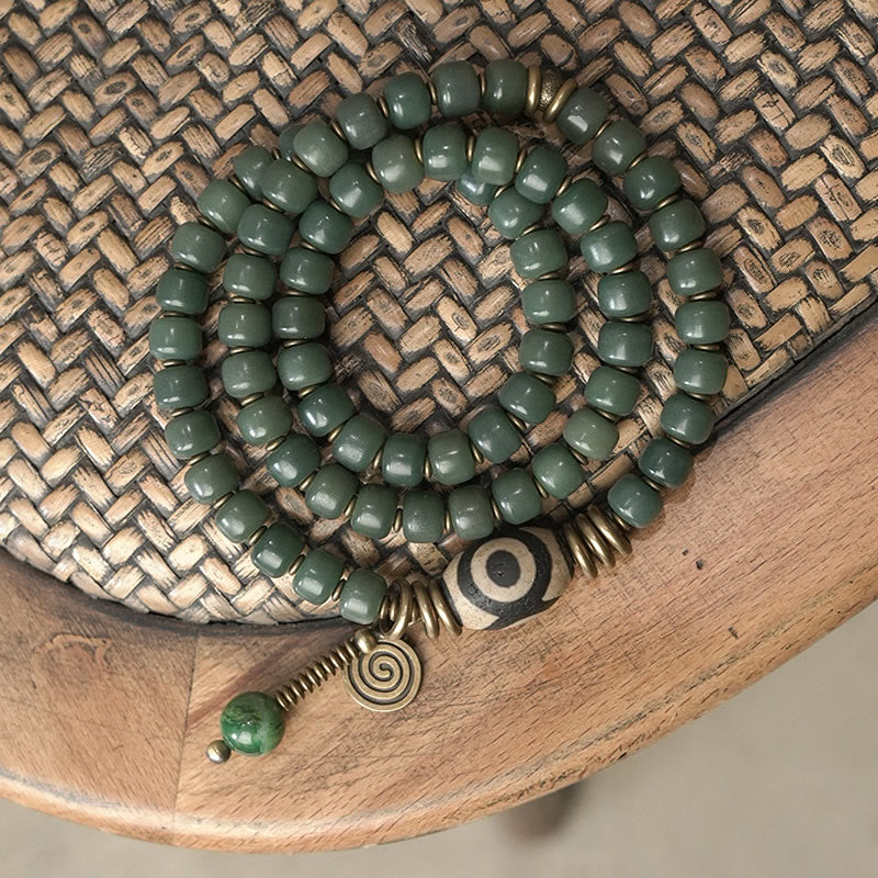 Buddha Stones Cyan Bodhi Seed Dzi Bead Wisdom Peace Triple Wrap Bracelet Mala Bracelet BS 9