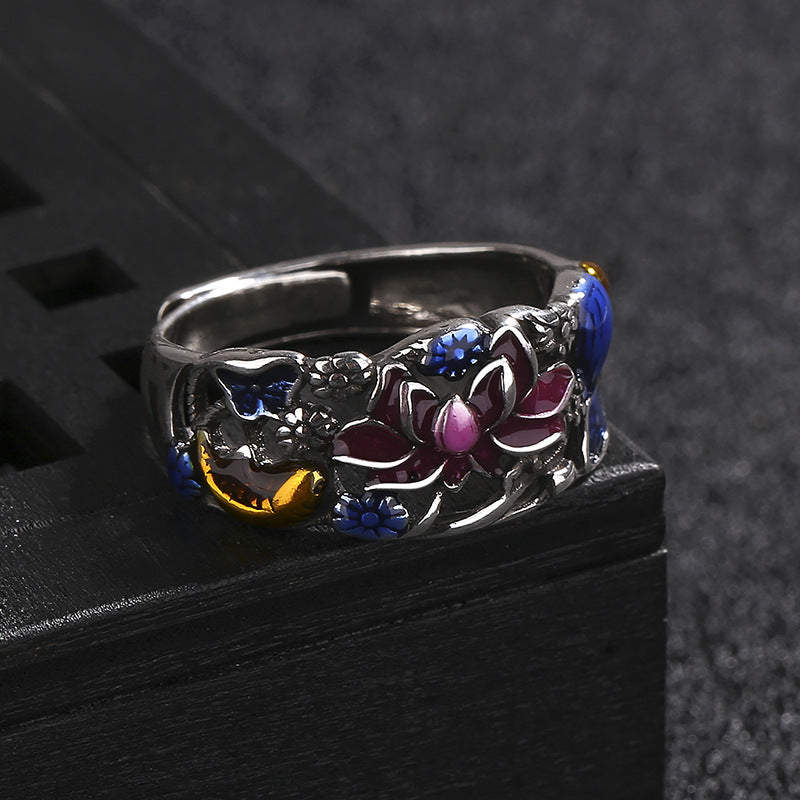 Buddha Stones Koi Fish Lotus Flower Leaf Design Luck Wealth Ring Ring BS 9