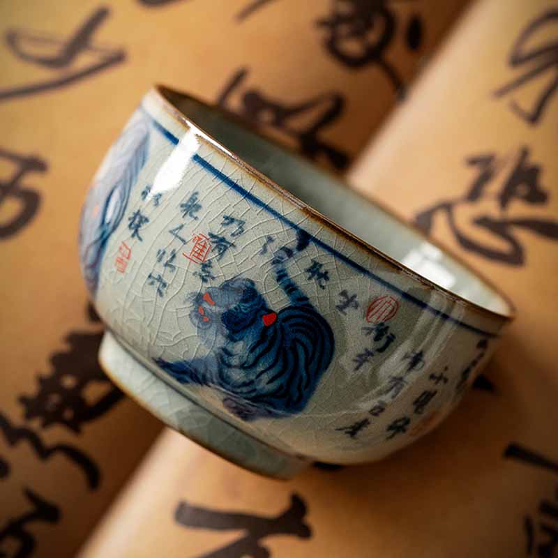 Buddha Stones Jingdezhen Hand Painted Cute Tiger Ceramic Teacup Kung Fu Tea Cup Bowl 140ml Cup BS 5