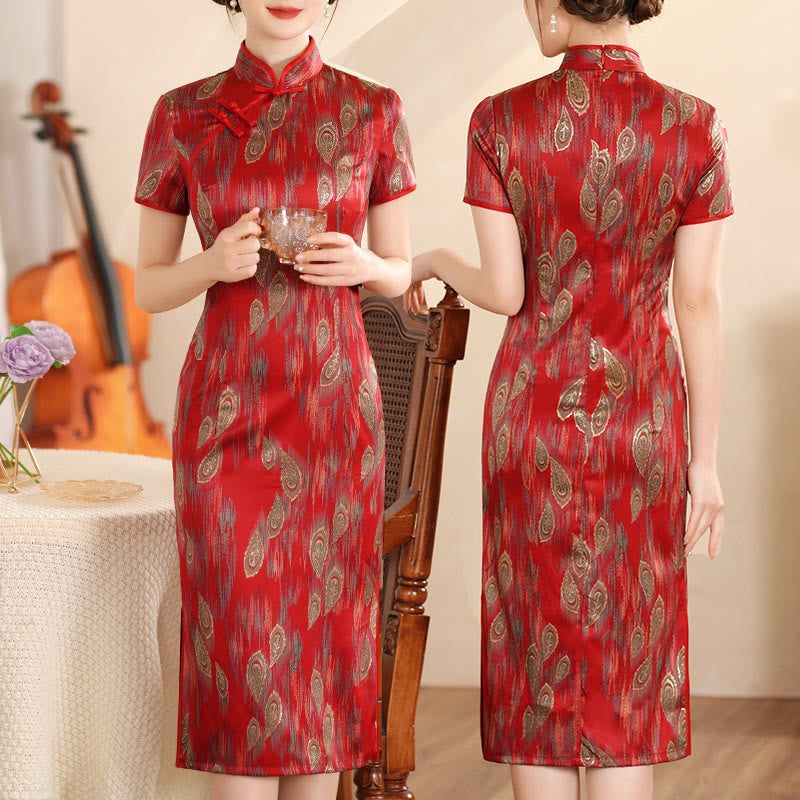 Buddha Stones Retro Flower Lotus Peony Feather Print Qipao Dress Women's Cheongsam Dress - Red Feather - US16,UK/AU20,EU48 (5XL) - image 18
