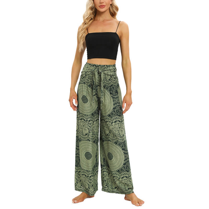 Buddha Stones Boho Lace-up Wide Leg Pants Women's Yoga Pants Women's Wide Leg Pants BS 15