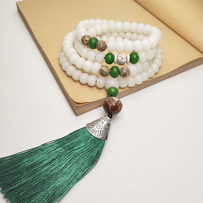 Mala 108 perles en graines de Bodhi blanc, bracelet de protection