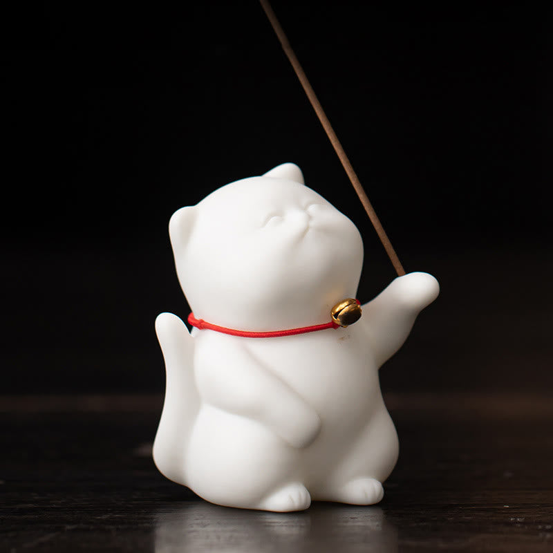 Buddha Stones Mini Cute Cat Ceramic Healing Incense Burner Desk Decoration Incense Burner BS Cat 5*4.7*6.8cm