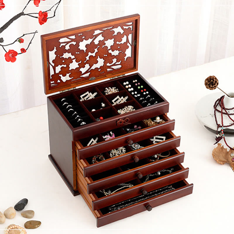 Buddha Stones Vintage Plum Blossom Carved Wooden Jewelry Box Six-Layer Jewelry Storage Box Jewelry Box BS 2