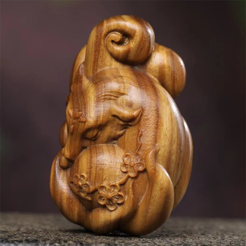 Buddha Stones Mini Nine-Tailed Fox Green Sandalwood Peace Decoration Car Hanging Decoration Decorations BS 2