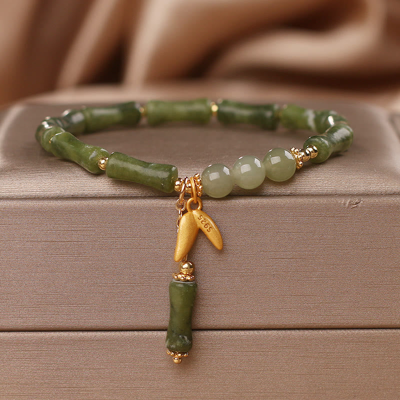 Buddha Stones Green Bamboo Jade Leaf Pattern Wealth Luck Bracelet Bracelet BS Green Bamboo Leaf(Wrist Circumference 14-15cm)