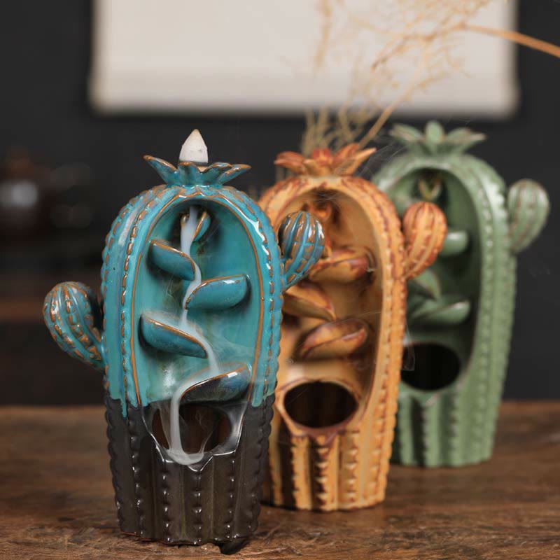 Buddha Stones Cactus Ceramic Healing Backflow Smoke Fountain Incense Burner Incense Burner BS 1