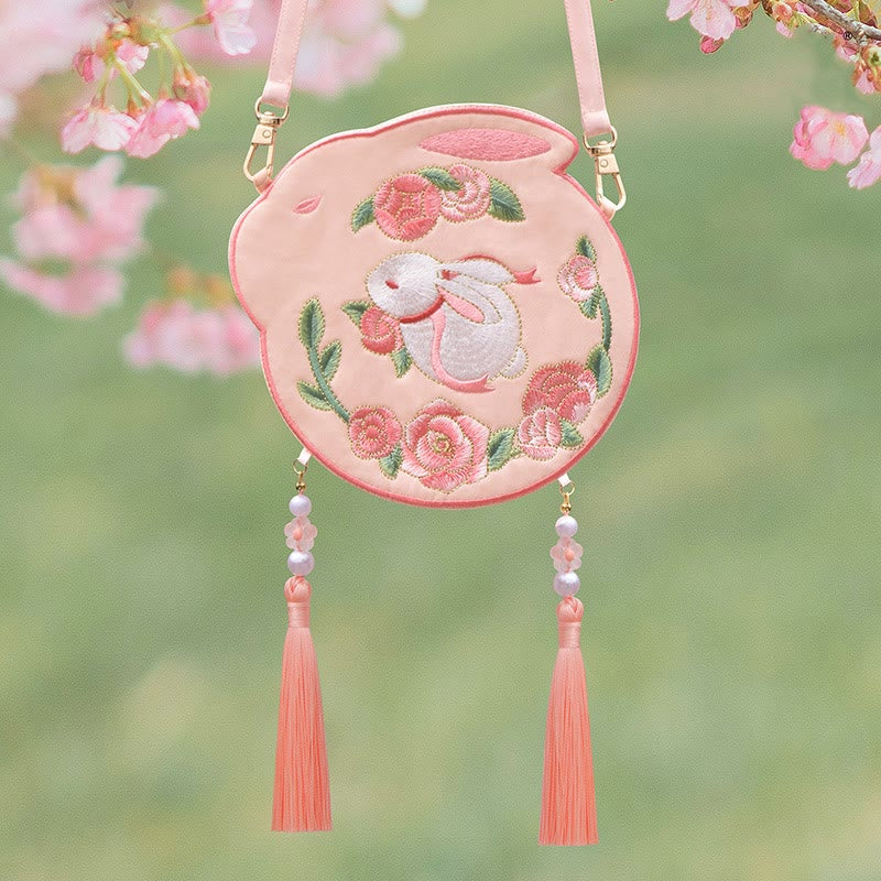 Buddha Stones Embroidery Lucky Panda Cat Shiba Inu Deer Rabbit Fox Flower Cute Animal Hanfu Bag Crossbody Bag Shoulder Bag Bag BS White Rabbit Flower