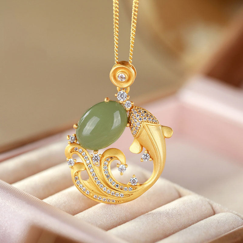 Buddhastoneshop Cyan Jade Koi Fish Healing Calm Necklace Pendant