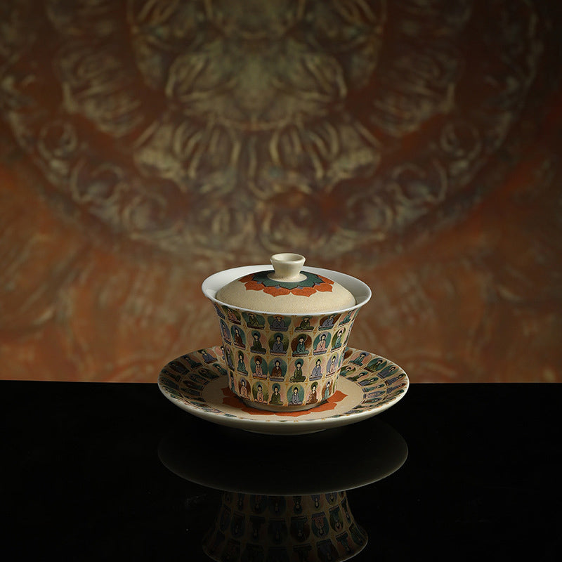Buddha Stones Dunhuang Color Thousand Buddhas Flying Apsaras Pattern Gaiwan Teacup Kung Fu Tea Cup With Lid Cup BS 1