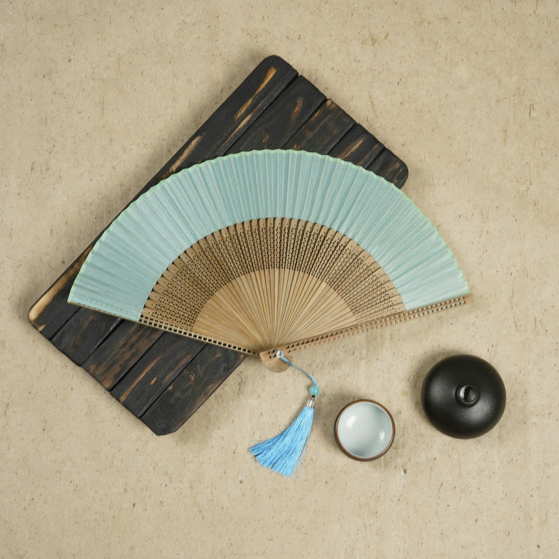 Buddha Stones Vintage Handheld Folding Fan With Bamboo Frames Folding Fan BS Aqua