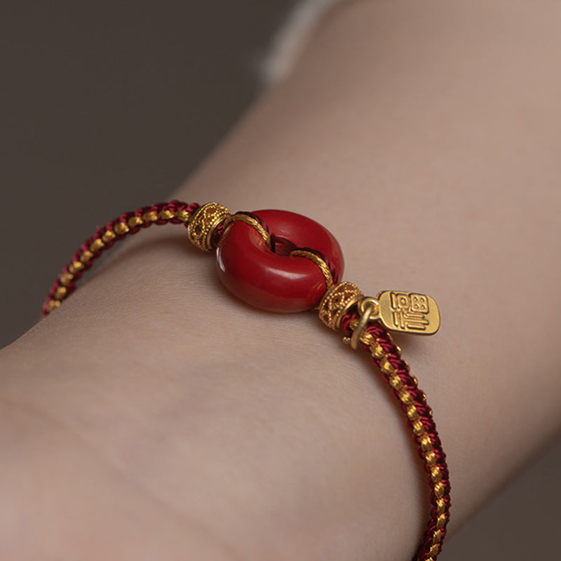 Buddha Stones Natural Cinnabar Peace Buckle Fu Character Charm Blessing Braided Bracelet Bracelet BS 7