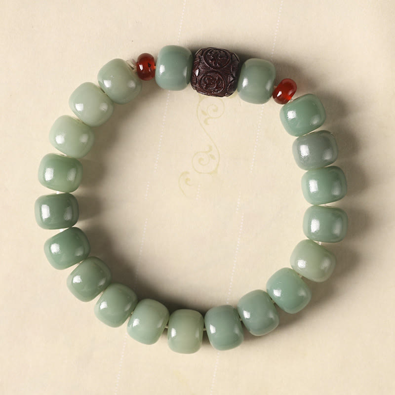 Buddha Stones Bodhi Seed Auspicious Cloud Fu Character Bead Peace Bracelet Bracelet BS Green Bodhi Seed(Wrist Circumference 14-15cm) Small Leaf Red Sandalwood Fu Character