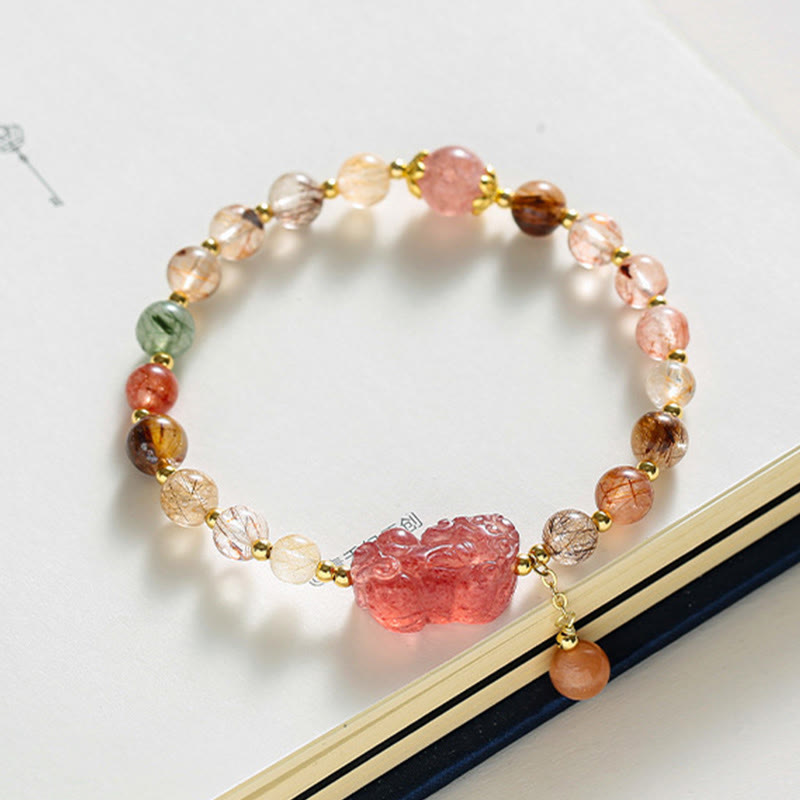 Buddha Stones Natural Rutilated Quartz Strawberry Quartz PiXiu Wealth Bracelet Bracelet BS 2