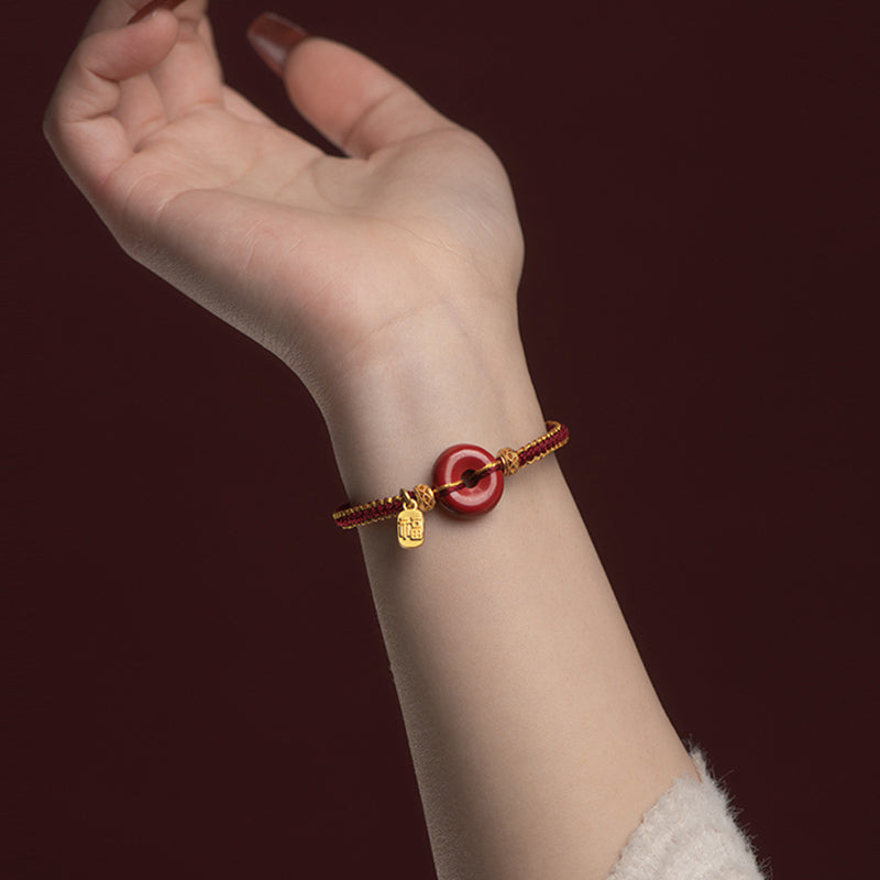 Buddha Stones Natural Cinnabar Peace Buckle Fu Character Charm Blessing Braided Bracelet Bracelet BS 8