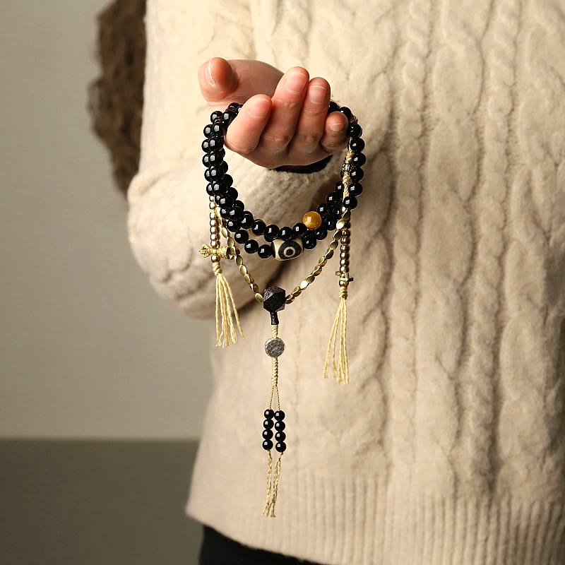 Buddha Stones Tibetan 108 Mala Beads Black Onyx Three-eyed Dzi Beads Protection Bracelet Mala Bracelet BS 1