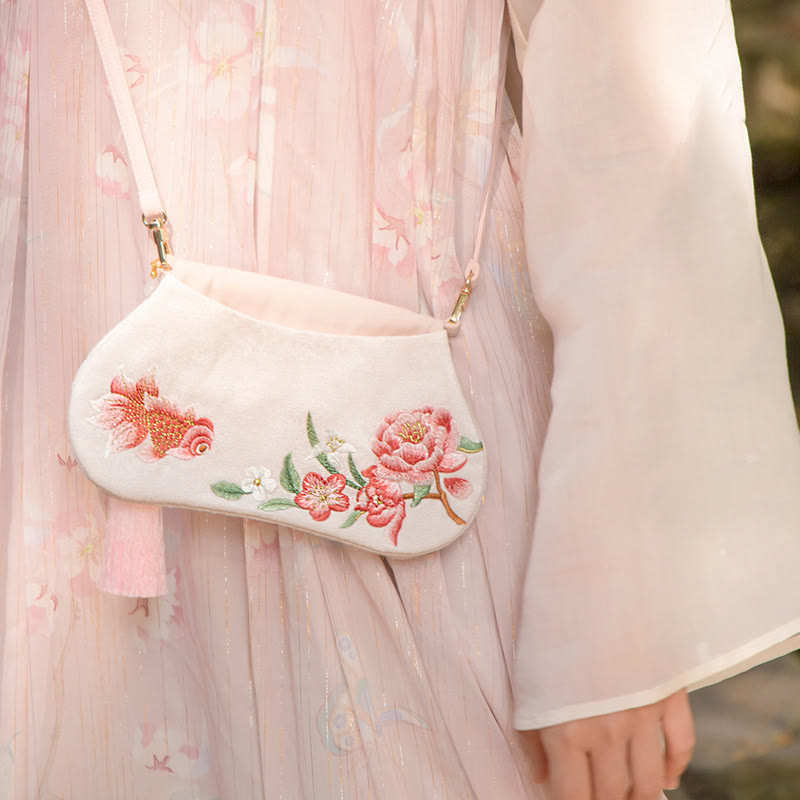 Buddha Stones Luck Embroidery Lotus Koi Fish Rabbit Flower Hanfu Bag Crossbody Bag Shoulder Bag Bag BS Koi Fish Peony
