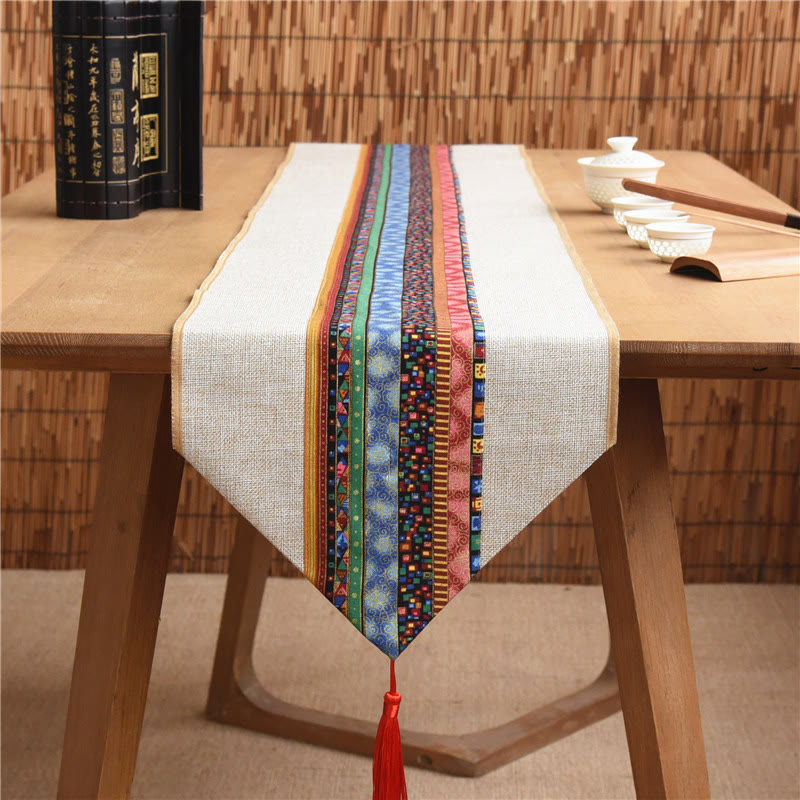 Buddha Stones Classic Chinese Style Lotus Koi Fish Flower Crane Calligraphy Enlightenment Cotton Linen Tassels Table Runner Table Runner BS 1