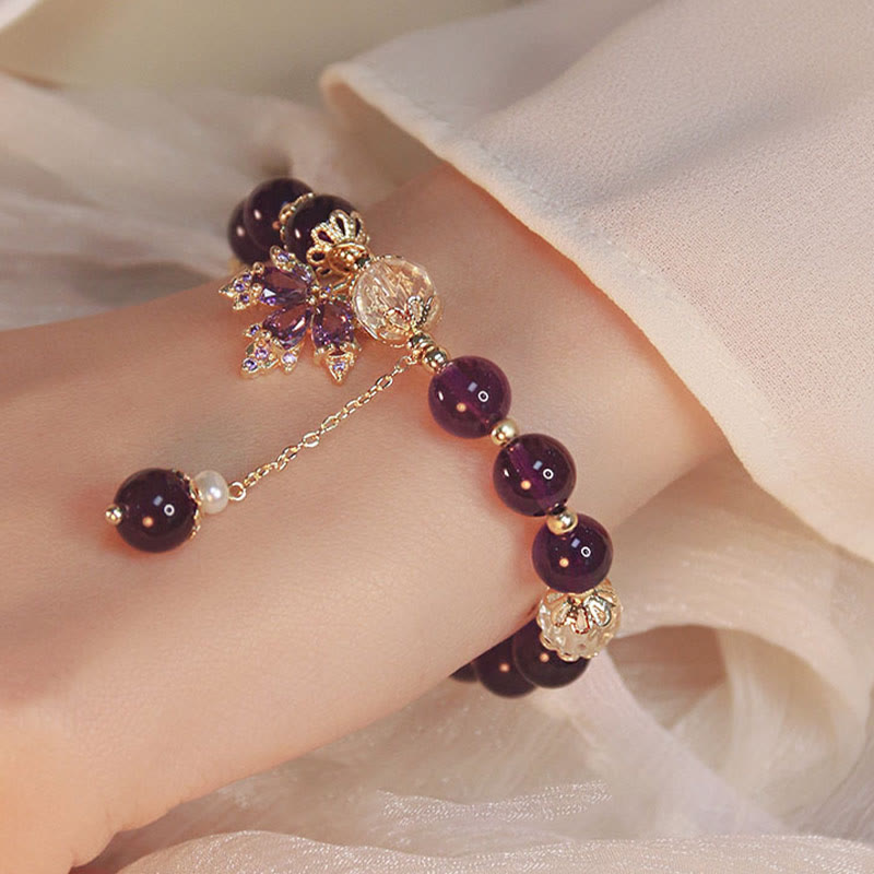 Buddha Stones 14k Gold Plated Natural Amethyst Healing Maple Leaf Charm Bracelet Bracelet BS 4