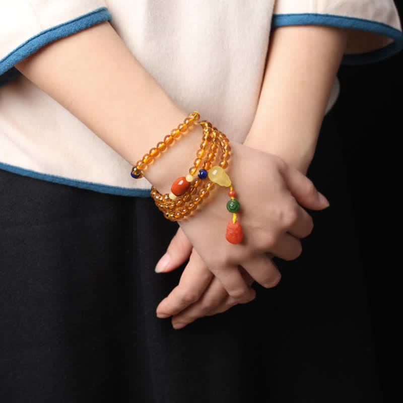 108 Mala Beads Natural Citrine Amber Peace Buckle Red Agate PiXiu Protection Charm Bracelet Mala Bracelet BS 23